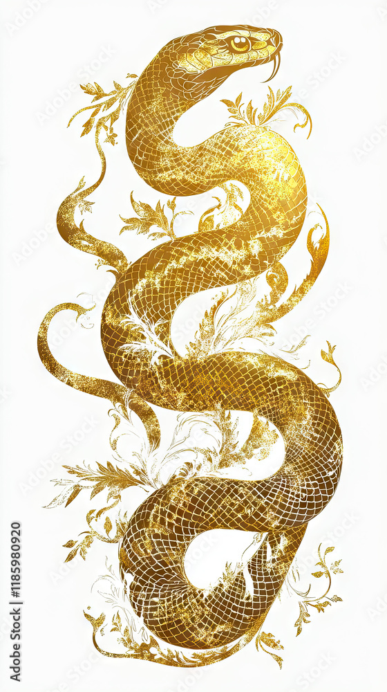 Fototapeta premium Golden Dragon or Golden Snake illustration design, minimalist, graphic design, clear scales, writhing body, white background, gold foil paper brush marks