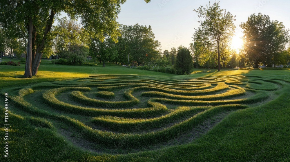 A serene labyrinth made of grass in a park, illuminated by the setting sun. A serene labyrinth made of grass in a park, illuminated by the setting sun.