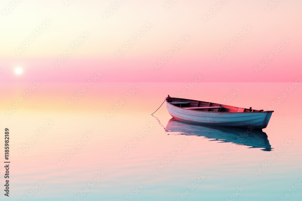 Tranquil lakeside with reflections of sunrise and a lone boat docked in calm waters Tranquil lakeside with reflections of sunrise and a lone boat docked in calm waters