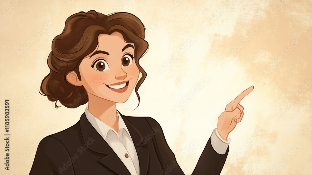 Smiling businesswoman pointing right, illustration. Smiling businesswoman pointing right, illustration.