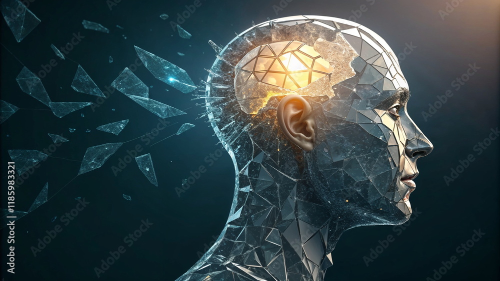 Obraz premium Shattered human head with glowing brain against dark background