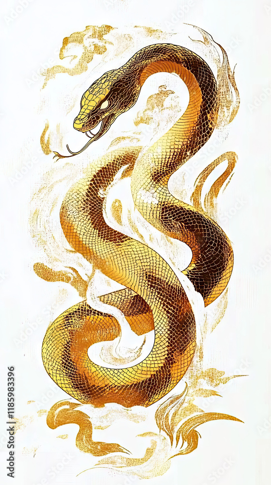 Fototapeta premium Golden Dragon or Golden Snake illustration design, minimalist, graphic design, clear scales, writhing body, white background, gold foil paper brush marks