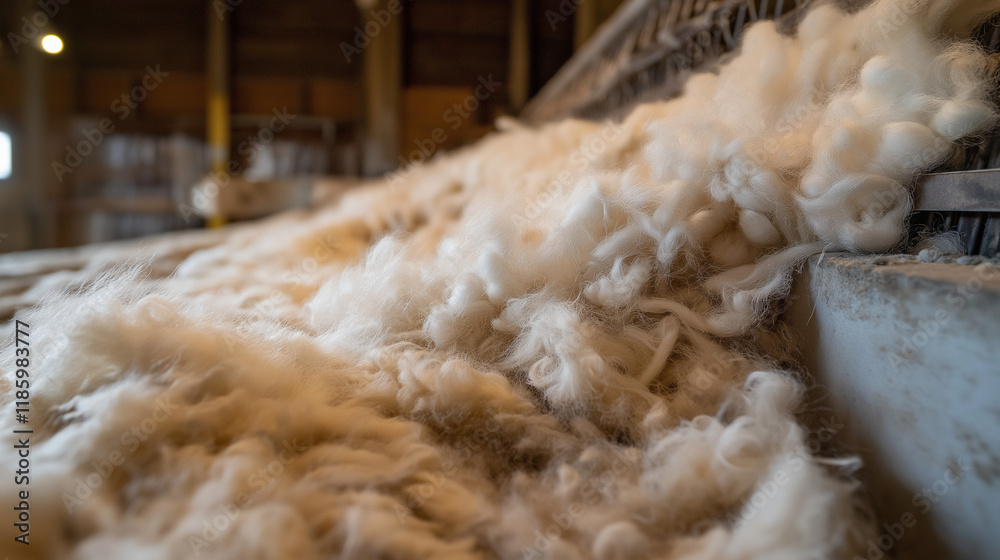 Raw wool in a processing facility with natural textures, symbolizing traditional craftsmanship and sustainable textile production. Raw wool in a processing facility with natural textures, symbolizing traditional craftsmanship and sustainable textile production.