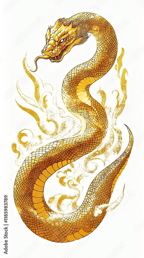 Obraz premium Dragon orSnake illustration design, minimalist, graphic design, clear scales, writhing body, gold foil paper brush marks
