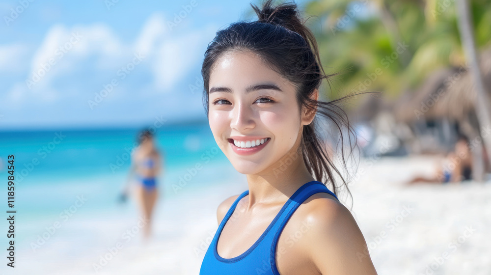 Japanese woman enjoying vacation on Idyllic beach at Playa del Carmen Mexico Japanese woman enjoying vacation on Idyllic beach at Playa del Carmen Mexico