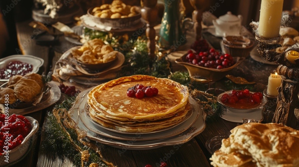 A charming table is adorned with stacked pancakes topped with fresh berries, delicate pastries, and vibrant garnishes, creating a warm and inviting atmosphere for a joyful celebration. A charming table is adorned with stacked pancakes topped with fresh berries, delicate pastries, and vibrant garnishes, creating a warm and inviting atmosphere for a joyful celebration.