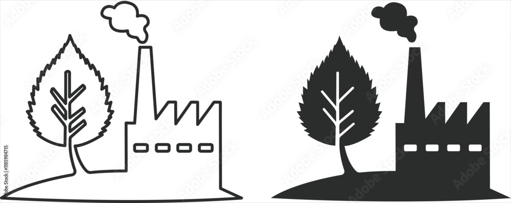Naklejka premium Factory or plant with a tree-like leaf, logo of environmental pollution and CO2 emissions into the atmosphere, dark gray icon and in the form of a silhouette.