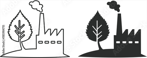 Factory or plant with a tree-like leaf, logo of environmental pollution and CO2 emissions into the atmosphere, dark gray icon and in the form of a silhouette.