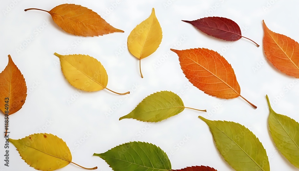 Fototapeta premium Green and yellow leaves set on a white backdrop for use in background or interior design ideal for a copy space image,123