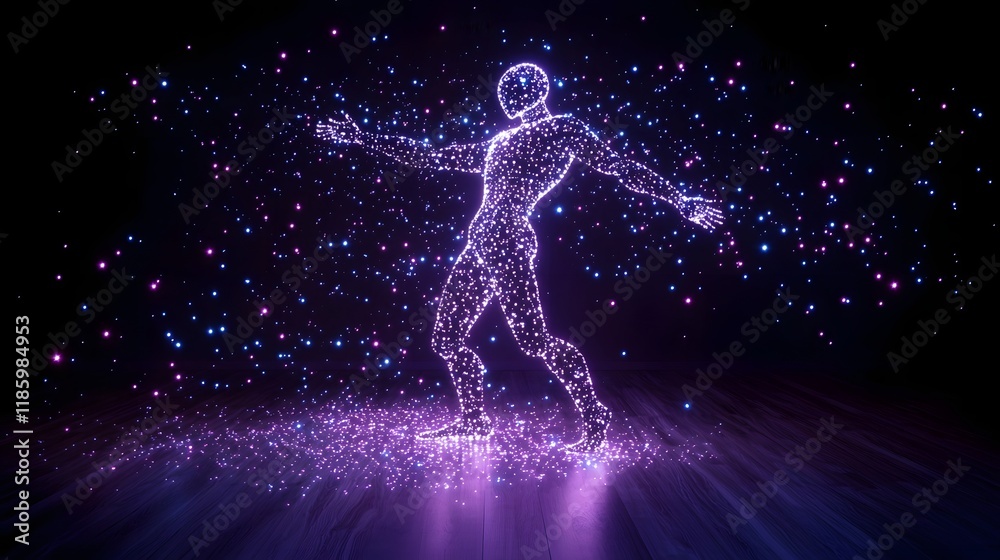 Fototapeta premium Synthetic Humanoid Figure Merging with Futuristic Virtual Environment