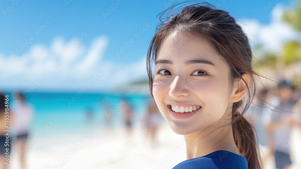 Korean woman enjoying vacation on Idyllic beach at Playa del Carmen Mexico Korean woman enjoying vacation on Idyllic beach at Playa del Carmen Mexico