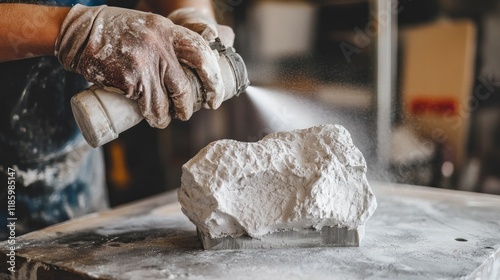 A person spray-painting a sculpted rock, showcasing artistic craftsmanship. photo