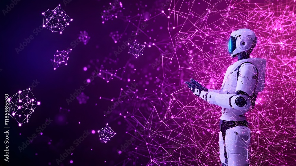 Fototapeta premium Cognitive Robot Surrounded by Futuristic Neural Network Shapes