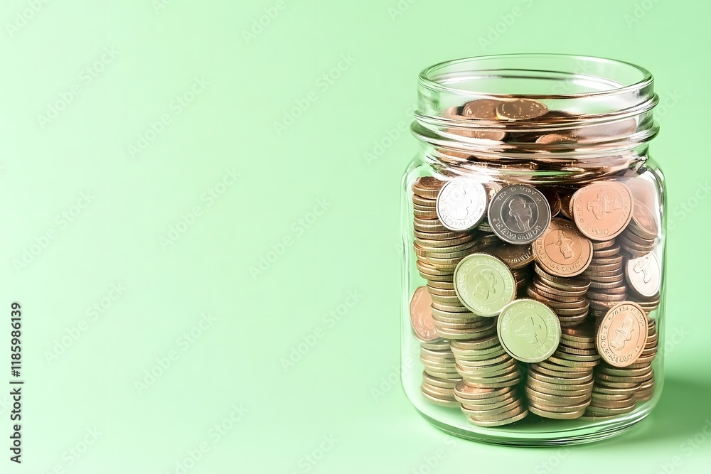 Glass Jar of Coins on Bright Green Background Symbolizing Growth and Investment Glass Jar of Coins on Bright Green Background Symbolizing Growth and Investment