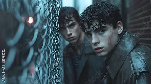 Two young men, cyberpunk alley, fear, dramatic lighting, cinematic