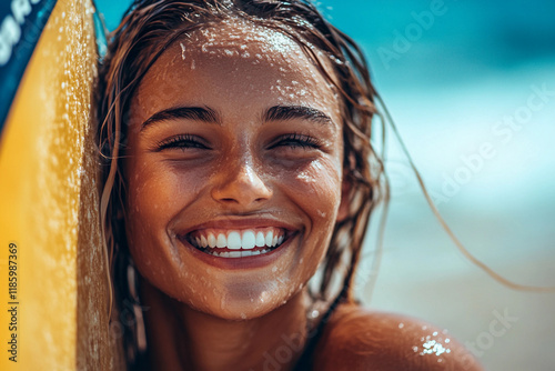 Smiling young surfer proudly holding a surfboard on a sunny beach day with waves in the background