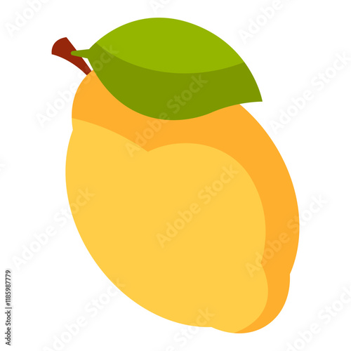 A vibrant yellow mango with a green leaf on top.