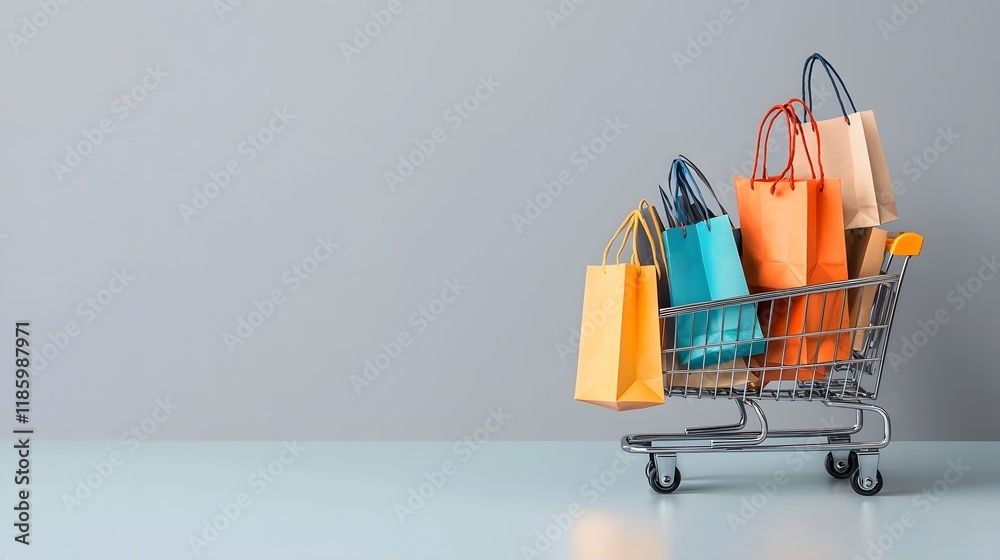 Fototapeta premium Vibrant Shopping Cart Filled with Assorted Shopping Bags Against Minimalist Gray Backdrop