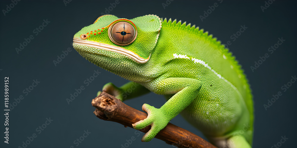 Fototapeta premium Close-up of a bright green chameleon on a branch, vibrant studio lighting, sharp details, and 8K clarity with empty space
