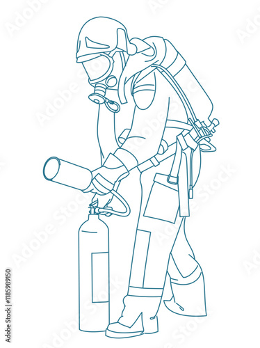Firefighter with mask and protective suit.