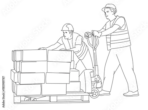  Warehouse workers cooperating while pushing forklift with delivering packages in storage room