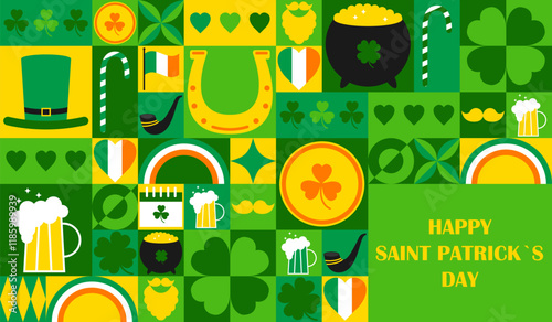 Happy Saint Patricks Day vector horizontal banner with Bauhaus geometric elements including leprechaun hat, smoking pipe, clover, horseshoe, glass of beer, Ireland flag. Vector illustrations