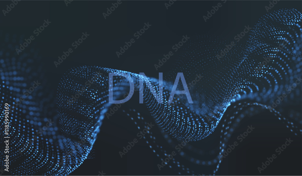 Artificial Intelligence DNA particle waves future connect innovation vector design. Big data biology dna molecule background. Technology ai genetic code particles dots banner.