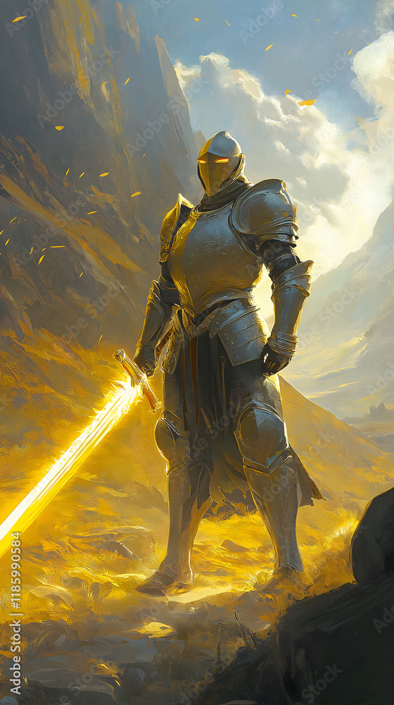 Naklejka premium Legendary Knight: A Heroic Warrior in Shining Armor, Holding a Golden Sword in an Epic Fantasy Battle Against a Dramatic Landscape and Mythical Creatures