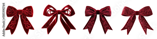 Elegant luxurious red velvet bows in various shapes and sizes on a plain white background  These bows can be used as holiday and festive wrapping accents photo