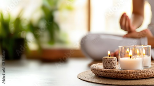 A serene space with candles on a mat, promoting relaxation and mindfulness, while a person meditates in the background.