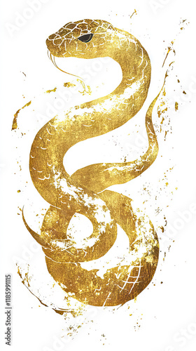 Dragon orSnake illustration design, minimalist, graphic design, clear scales, writhing body, gold foil paper brush marks