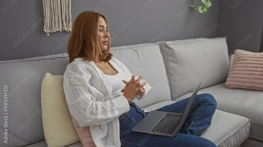 Young woman working on a laptop in a cozy living room stretching during a break on a comfortable grey sofa Young woman working on a laptop in a cozy living room stretching during a break on a comfortable grey sofa