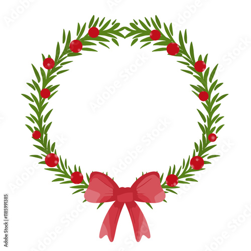 Christmas wreath with red bow decoration, for Christmas holiday, vector illustration.


