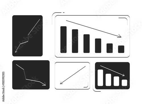 Falling graphs showing business crisis doodle linear objects set. Stock market failure analytics cartoon elements flat vector cliparts isolated on white background. Hand drawn illustrations collection