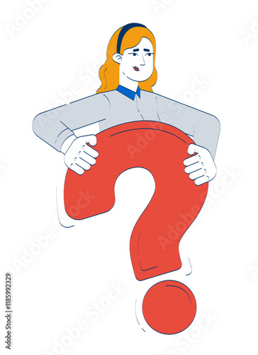 Doubted caucasian woman holding question mark 2D doodle character. Woman office worker needing answers and support cartoon person vector drawing isolated on white. Hand drawn illustration colorful