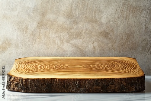 Rustic wood slice display on marble, textured backdrop photo