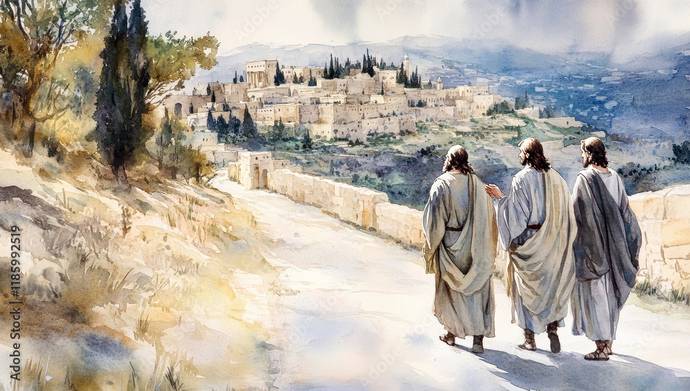 Fototapeta premium Jesus teaches disciples along an ancient road in Jerusalem with misty hills in the background and soft gray tones