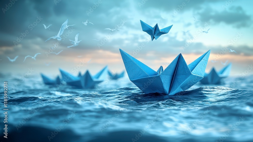 Blue paper boats sailing on a wavy sea under a cloudy sky with birds flying. Blue paper boats sailing on a wavy sea under a cloudy sky with birds flying.