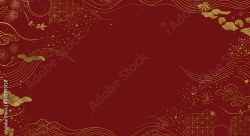 Decorative red background enriched with golden wave and floral motifs, ideal for traditional chinese festive celebration themes and design