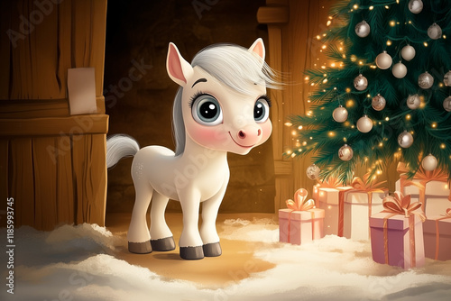 Illustration of a white pony in a stable, next to a decorated Christmas tree and gifts