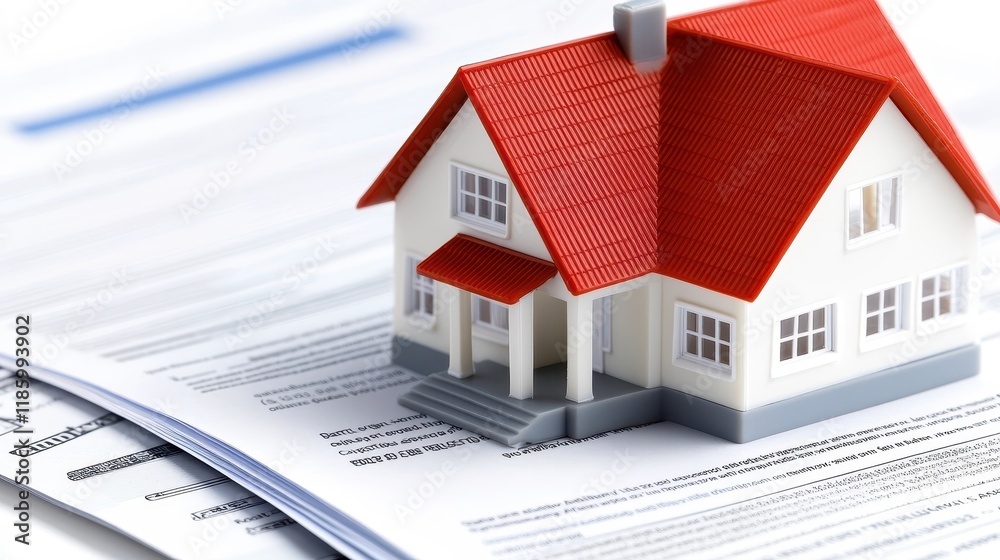 Miniature house model placed on top of real estate paperwork, symbolizing property and ownership, mortgage. Miniature house model placed on top of real estate paperwork, symbolizing property and ownership, mortgage.
