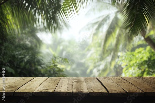 Tropical jungle background, wooden table display photo