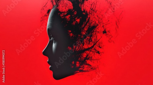 Surreal profile art blending shadows vibrant red background