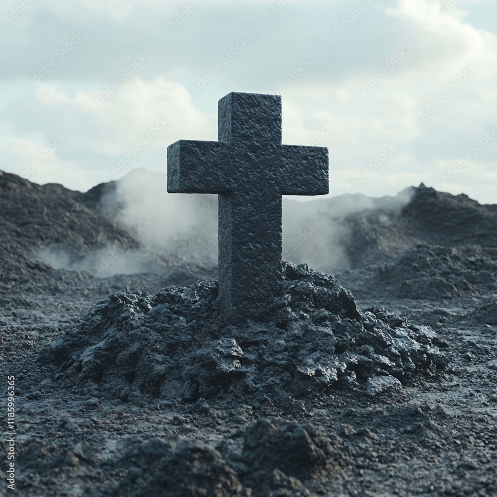 Stone cross on a rough landscape. Religion concept. For design and print. Low view. Stone cross on a rough landscape. Religion concept. For design and print. Low view.