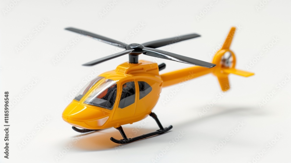 A yellow toy helicopter with spinning blades, isolated on a clean white surface, highlighting its shape. A yellow toy helicopter with spinning blades, isolated on a clean white surface, highlighting its shape.