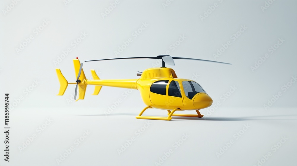 Fototapeta premium A yellow toy helicopter with spinning blades, isolated on a clean white surface, highlighting its shape.