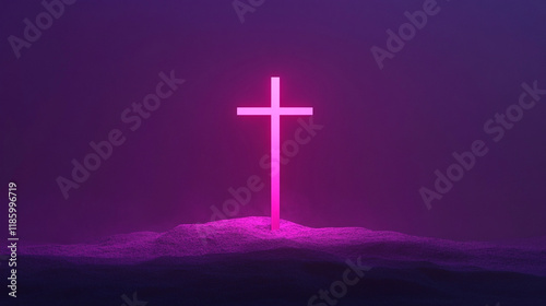 Glowing pink cross on purple background. Religious concept. For design, print, card, banner, poster, flyer. Top view. With copy space.
