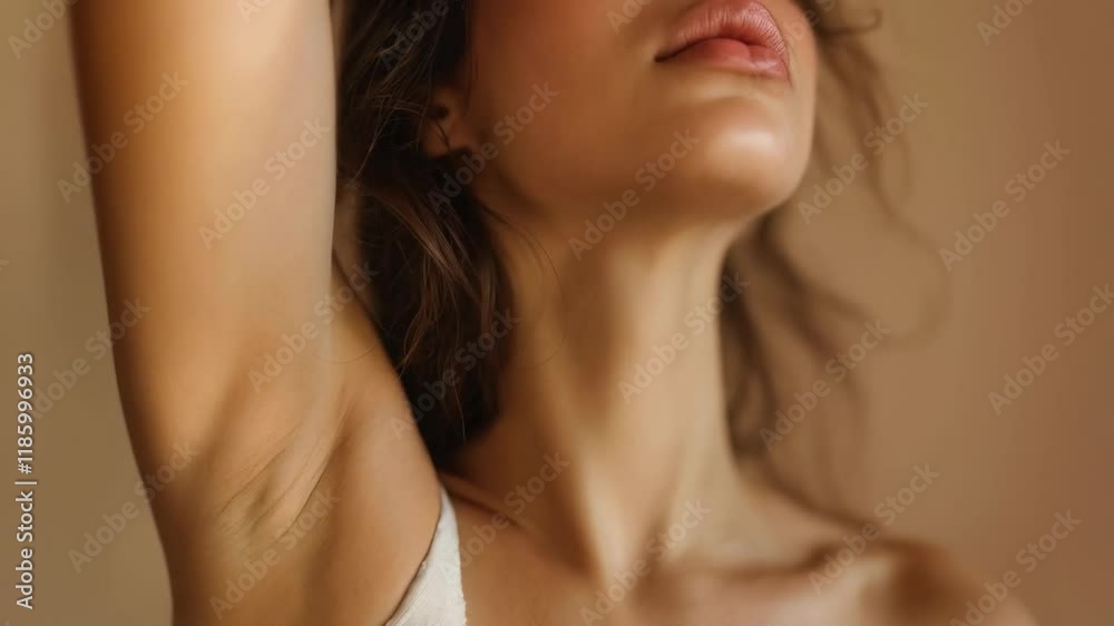 Side profile of a woman with loose hair, showcasing smooth skin and a serene expression under warm light
