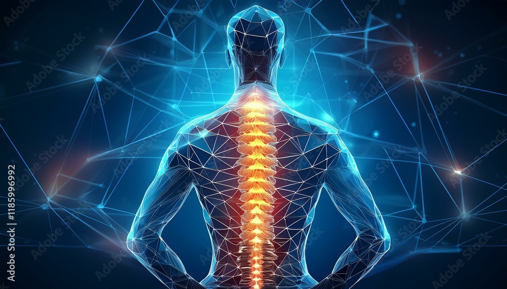 Herniated disk concept and spine pain diagnostic in low polygon, particle, and triangle style. x ray image of human head. Herniated disk concept and spine pain diagnostic in low polygon, particle, and triangle style. x ray image of human head.