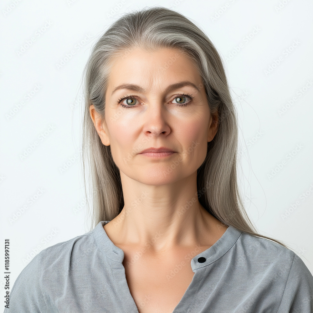 photo of a middle aged woman smiling into the camera. white background photo of a middle aged woman smiling into the camera. white background